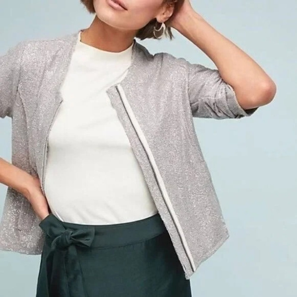 Dolan Anthropologie Silver Metallic Full Zip Jacket Textured Women Small Office